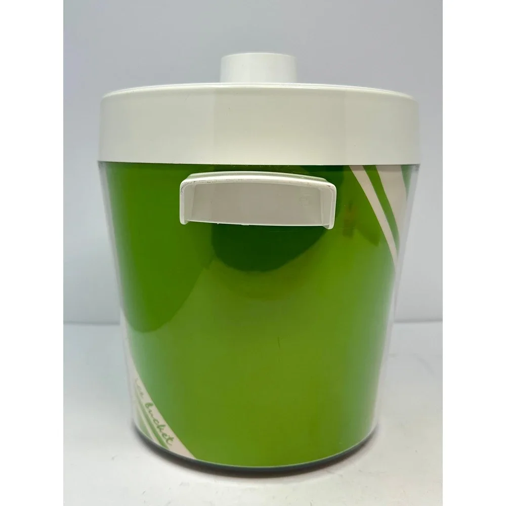 Vintage Lime Green Plastic Insulated Ice Bucket with Lid and Racing Stripe Retro